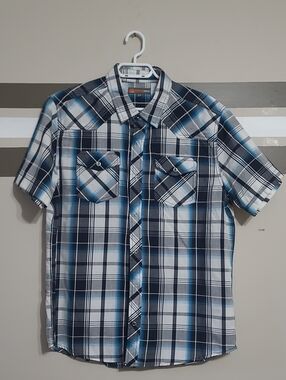 Mountain Ridge Blue Plaid Short-Sleeve Snap Button-Up Shirt Sz Med